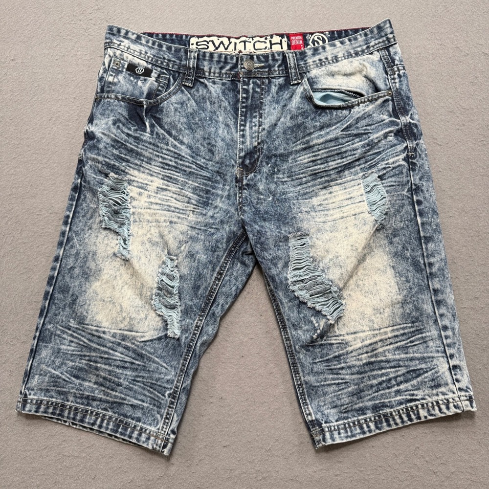 Switch Jean Shorts Men's 38 Blue Acid Wash Distressed Ripped Streetwear Hip Hop